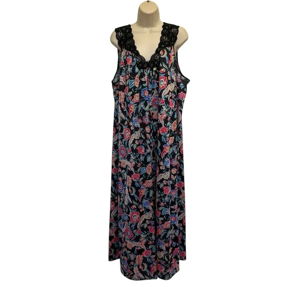 Vintage Vanity Fair Dark Floral Lace Long Nightgown Nightdress Made in USA Sz L